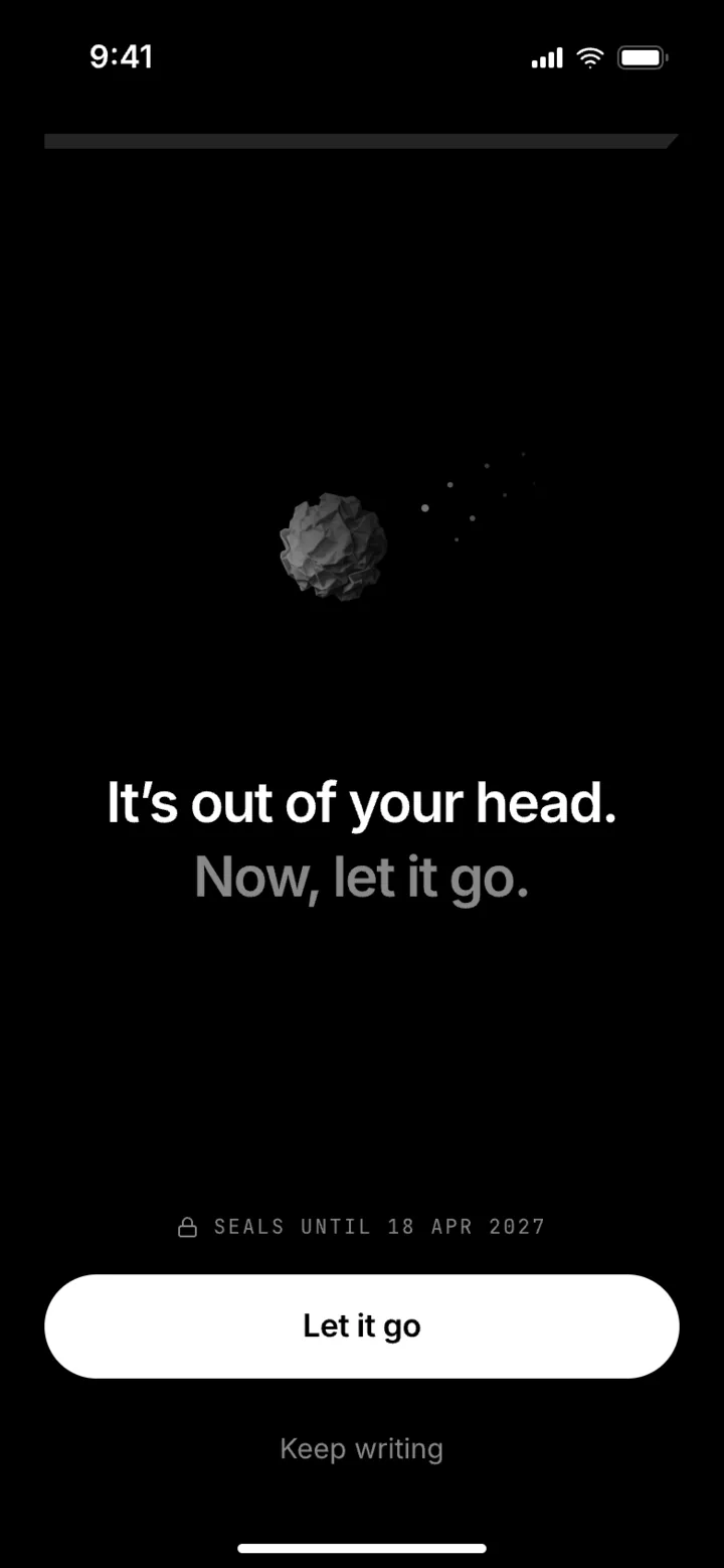 BackBack completion screen: “It’s out of your head. Now, let it go.” with the session being sealed.