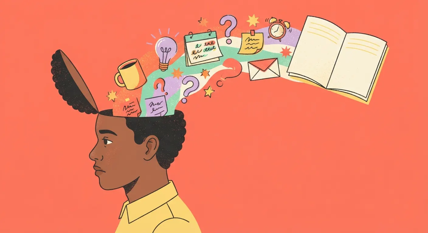 Illustration of a person whose open head spills out sticky notes, mail, coffee, a calendar and question marks.