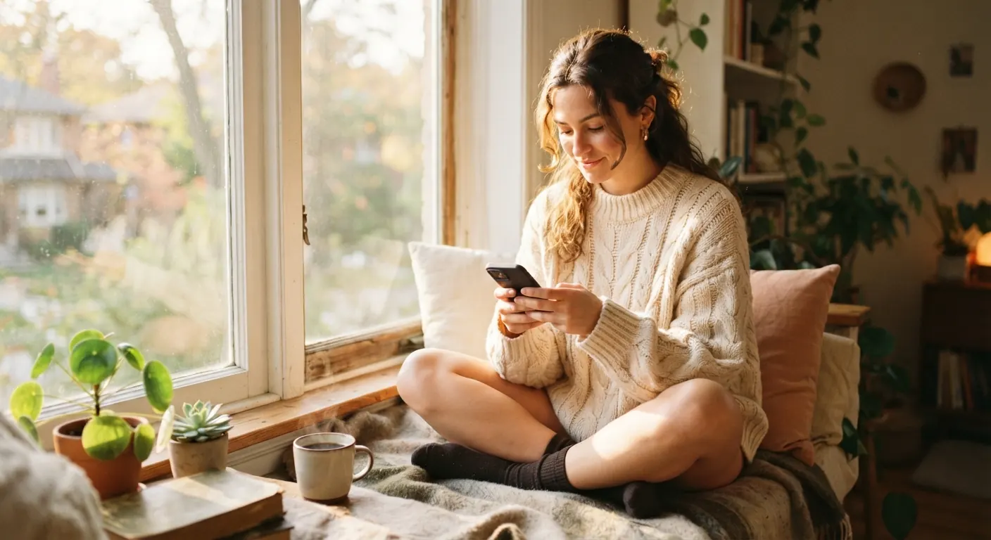 A woman in a cosy knit sweater sits by a sunny window in the morning, smiling at her phone, a mug of coffee beside her.