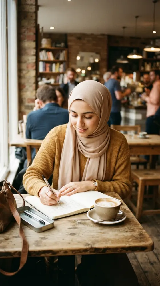A woman in a headscarf writing in a notebook at a busy café table.