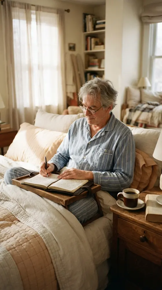 An older man in a cardigan writing on a notepad in an armchair by the window.