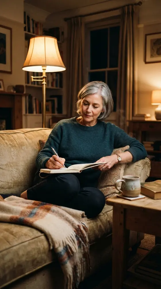 An older woman writing on her sofa in the evening under a warm lamp.
